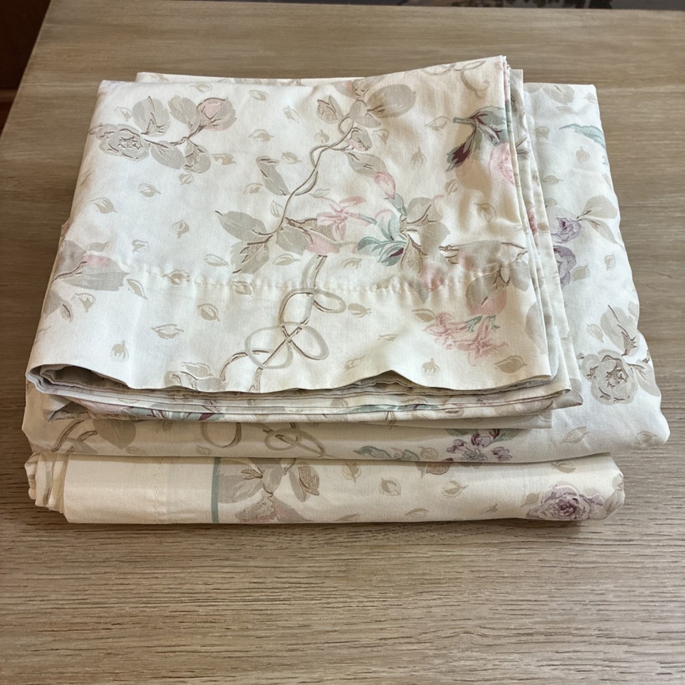 Vintage Cannon No Iron King Sheet Set 4 Piece Floral Flat Fitted 2 Pillowcases
